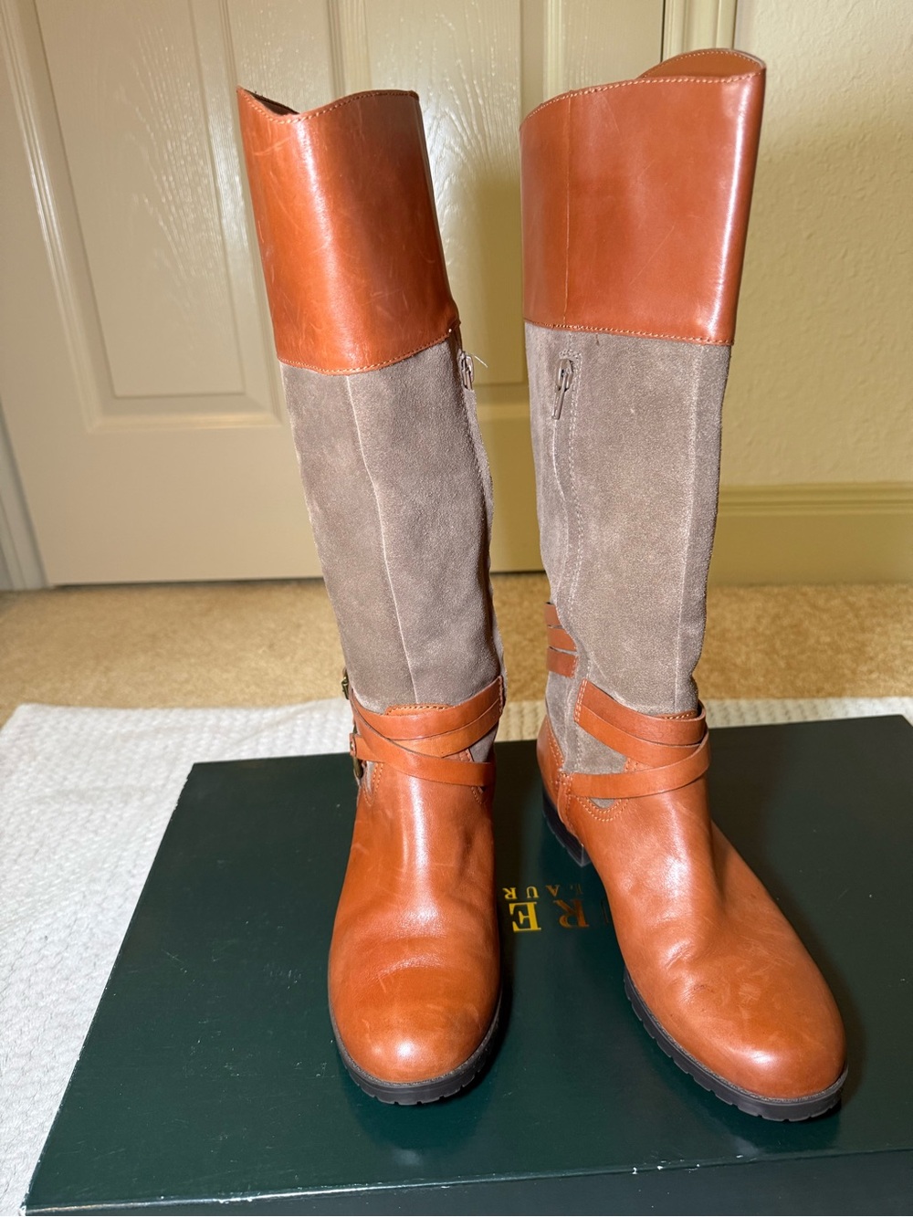 Ralph Lauren Two-Tone Leather & Suede Tall Riding Boots - Chestnut/Taupe